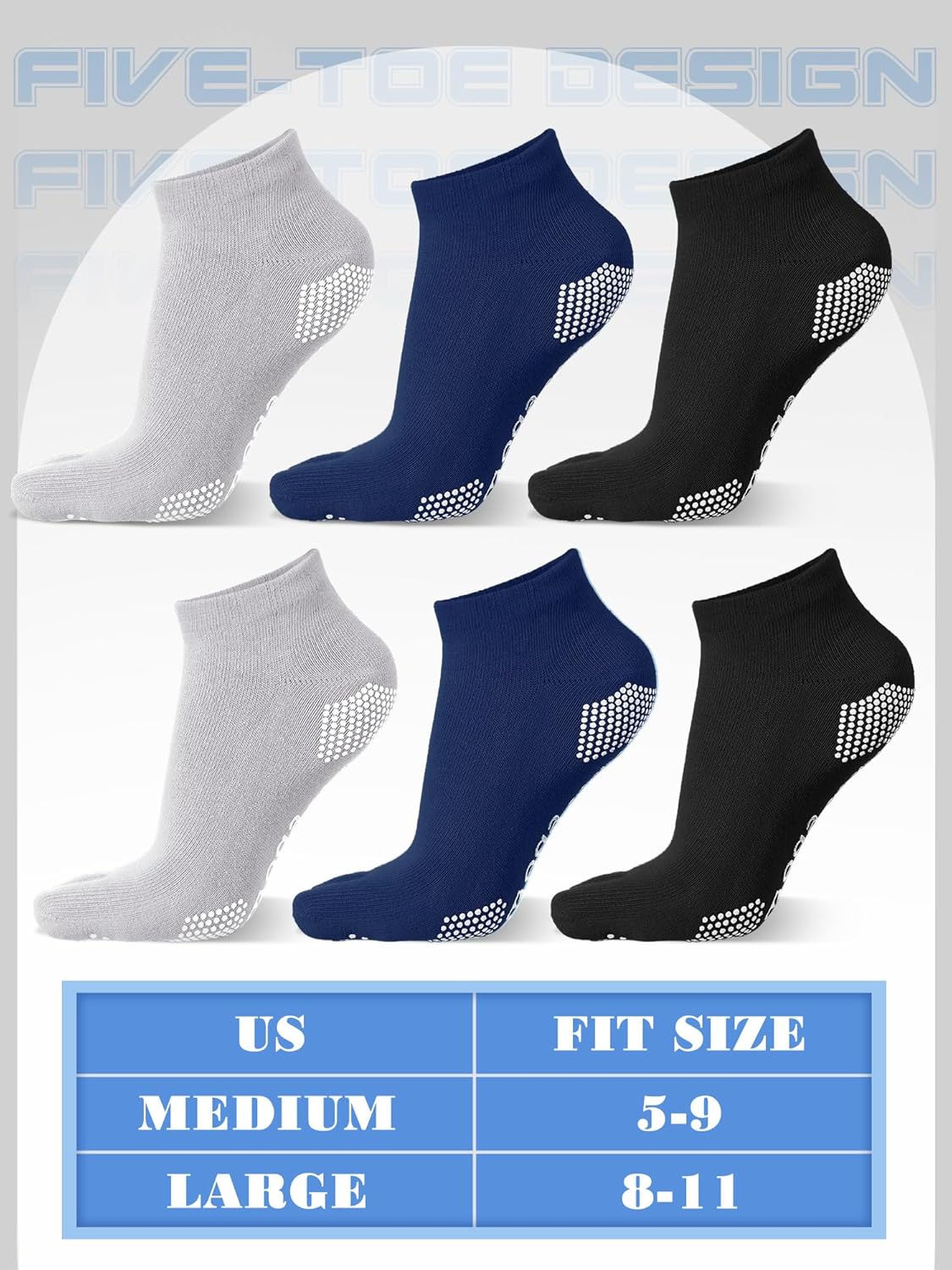 Fourluoo 6 Pairs Women Toe Socks Non Slip Yoga Socks with Grip Men Pilates Toe Socks for Dance Gym