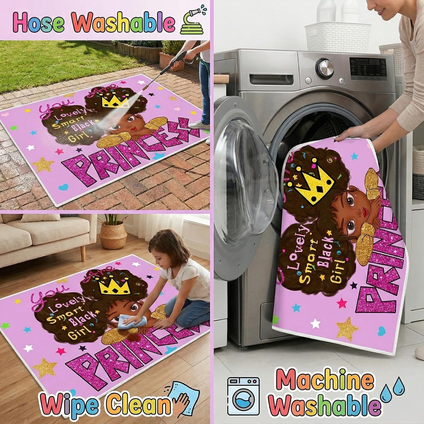 Black Girl Area Rug for Bedroom African American Rugs for Room Princess Carpet Kids Rugs for Bedroom African Girls Carpet for Living Room Teen Girls Yoga Mats, Pink, 4'×5'