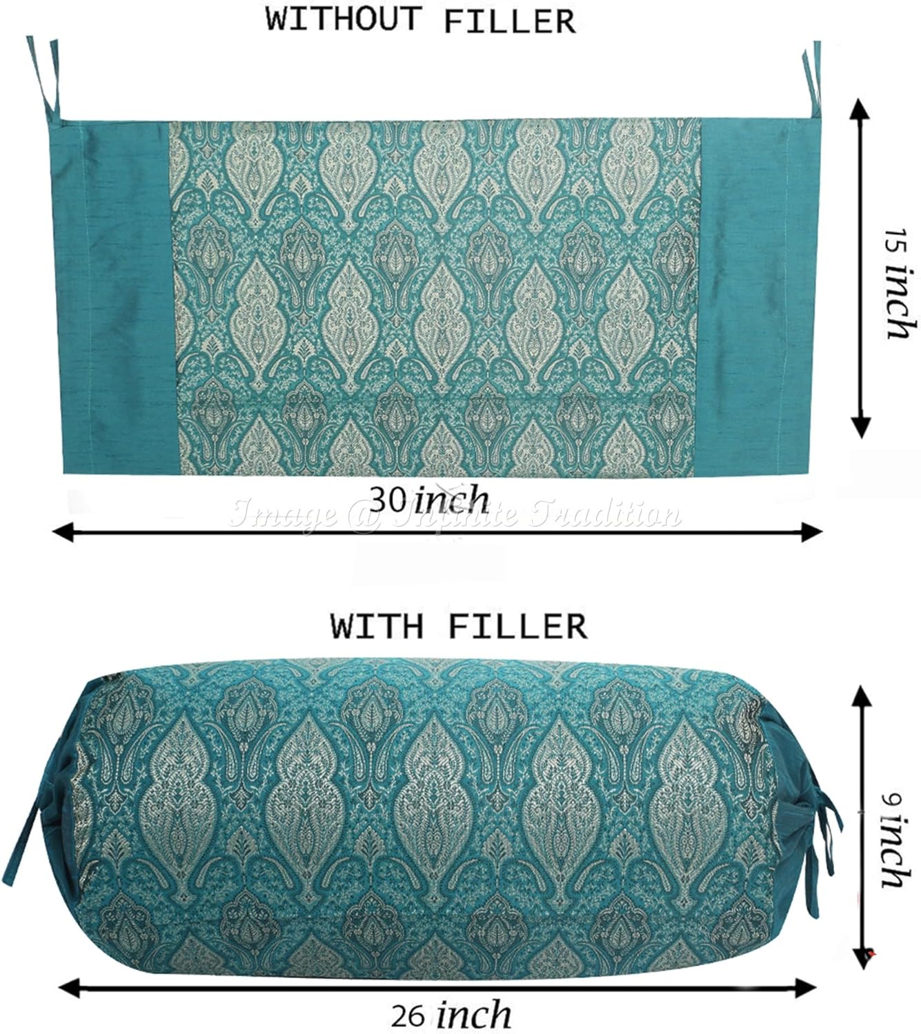Indian Jacquard Brocade Poly Dupion Silk Bolster Tube Pillow Cover Cylindrical Dark Green Yoga Large Couch Round Cushion Cover Home Decor Damask Throw Cushion Cover 30x15 inch (76x38cm) - 1 Pc.