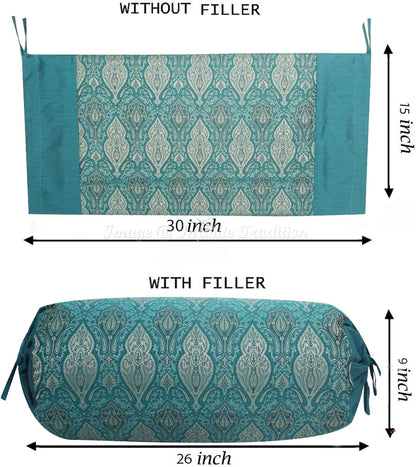 Indian Jacquard Brocade Poly Dupion Silk Bolster Tube Pillow Cover Cylindrical Dark Green Yoga Large Couch Round Cushion Cover Home Decor Damask Throw Cushion Cover 30x15 inch (76x38cm) - 1 Pc.