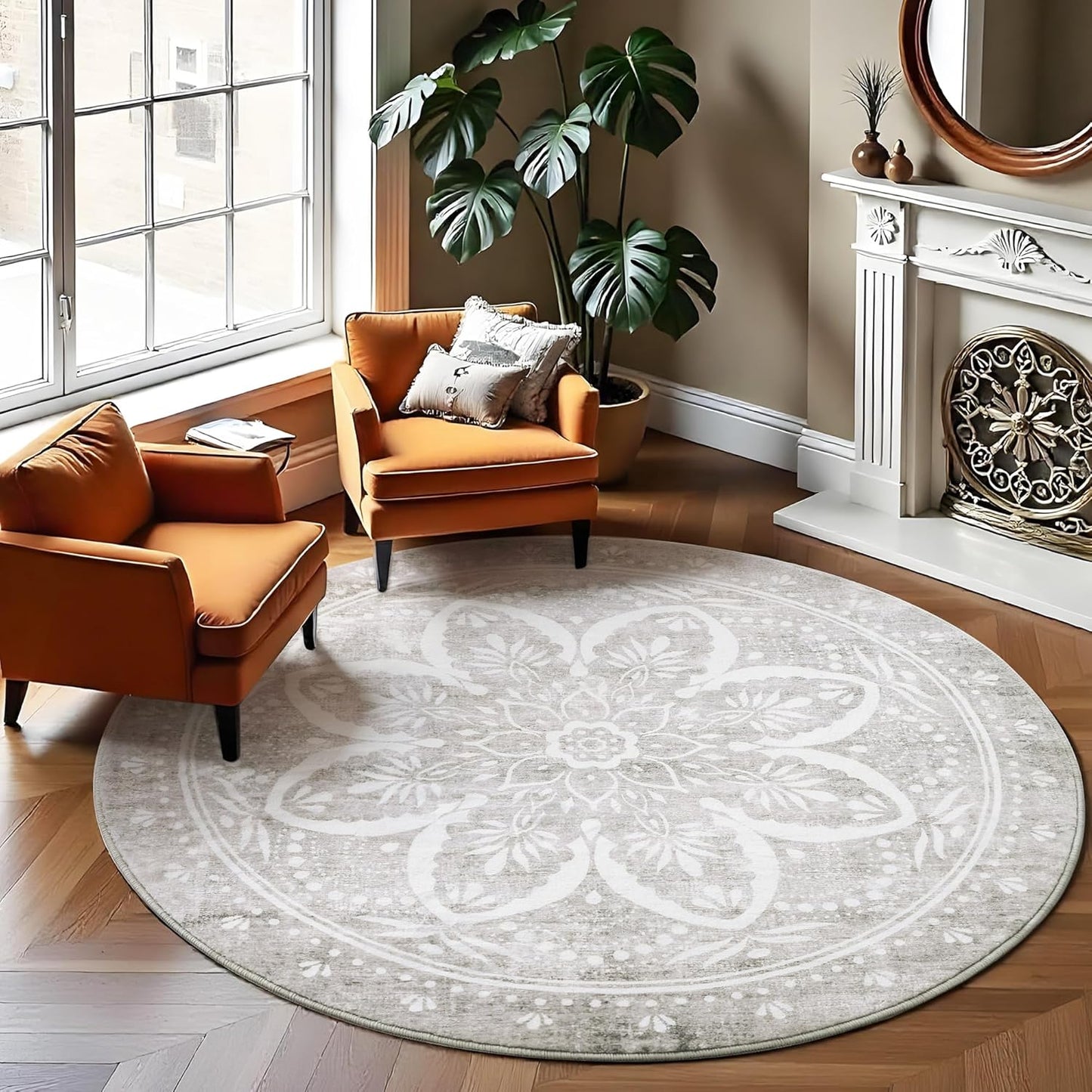 Carvapet 4ft Washable Round Rugs, Modern Abstract Circle Rug, Non Slip Rubber Backing Foldable Low Pile Carpet for Living Room Bedroom, 4ft Red/Orange Rug