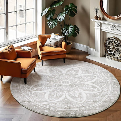 Carvapet 4ft Washable Round Rugs, Modern Abstract Circle Rug, Non Slip Rubber Backing Foldable Low Pile Carpet for Living Room Bedroom, 4ft Red/Orange Rug