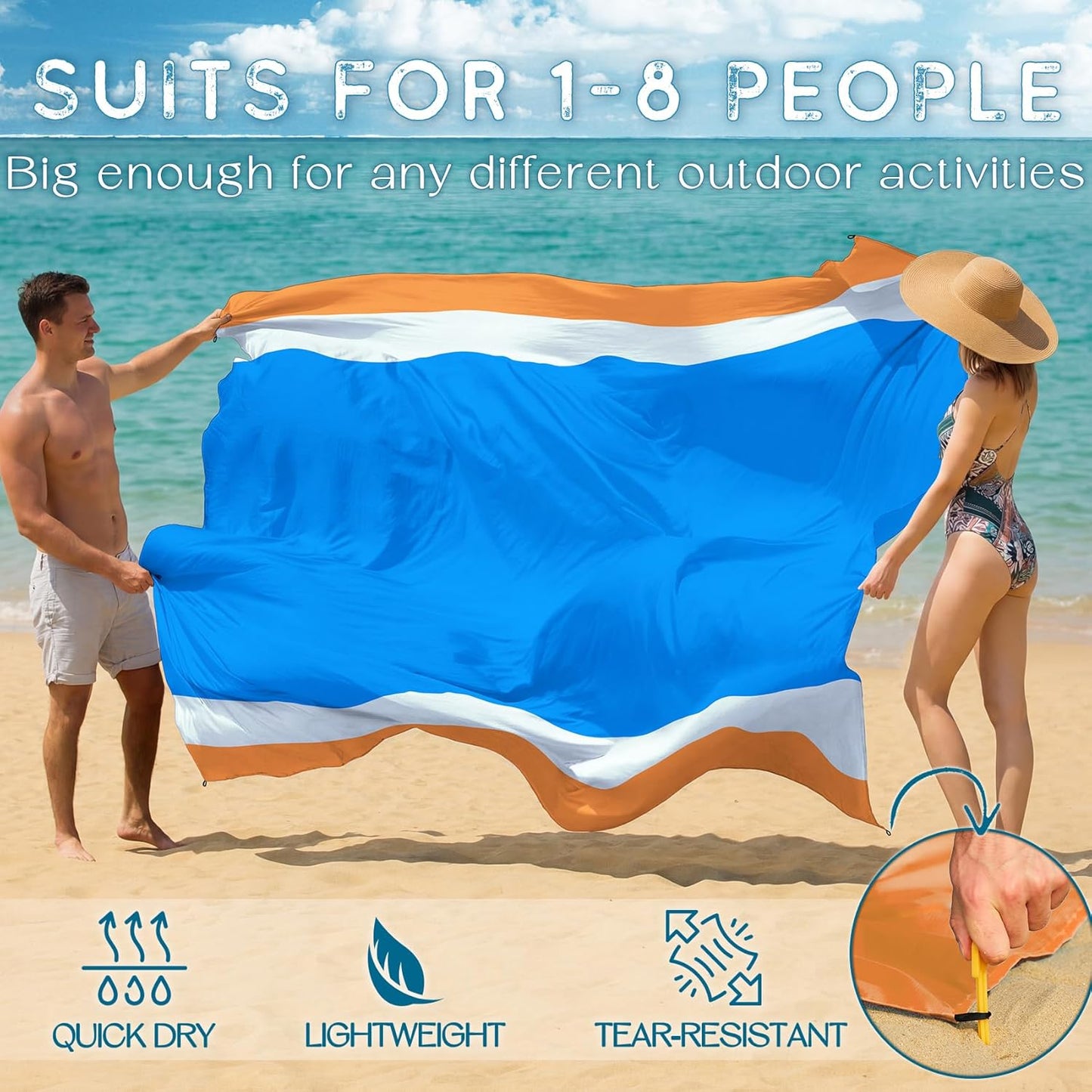BYDOLL Beach Blanket Waterproof Sandproof Large Sand Free,78''X81''/10'X9' Oversized Sandless Lightweight Blanket Picnic Mat for Beach Travel Camping Hiking with Stakes