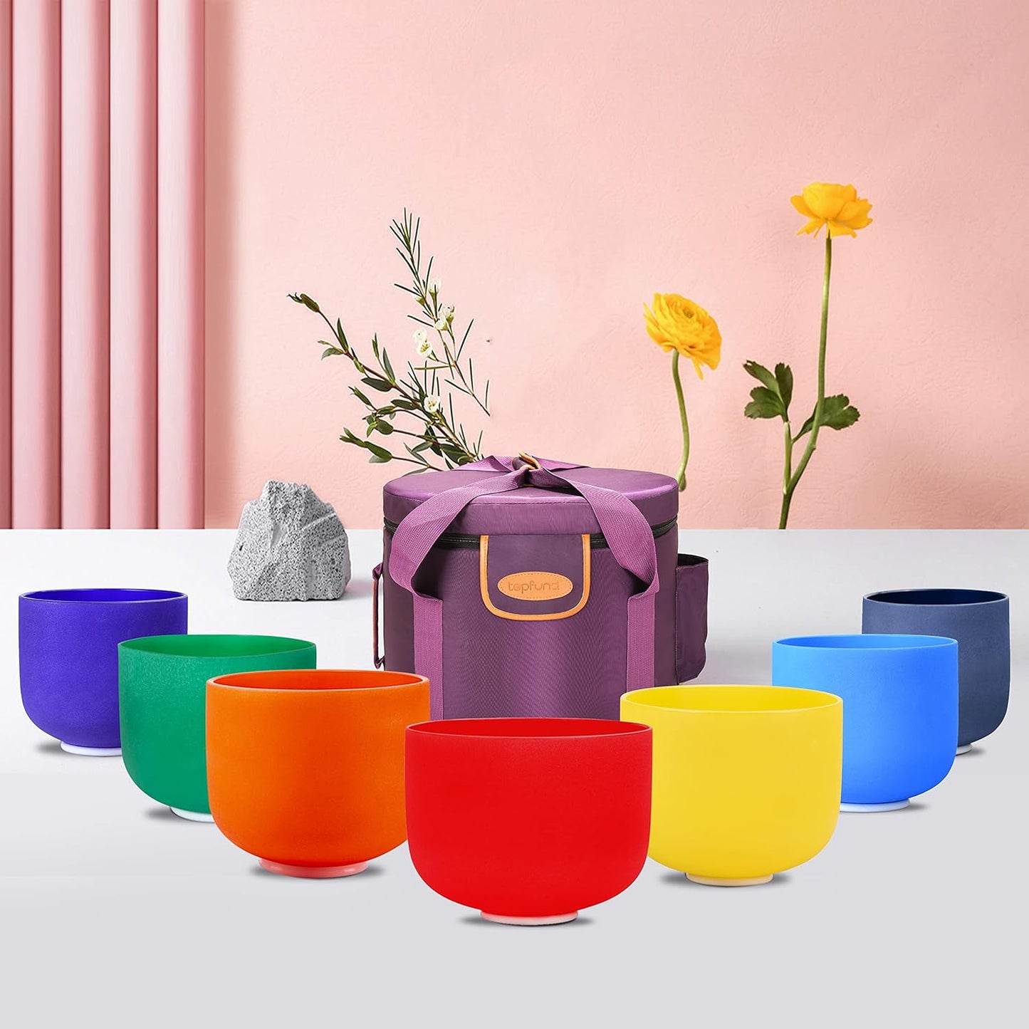 TOPFUND 6-12 inch 432Hz Chakra Set of 7 Crystal Singing Bowls with Heavy Duty Carrying Case and Singing Bowl Mallets
