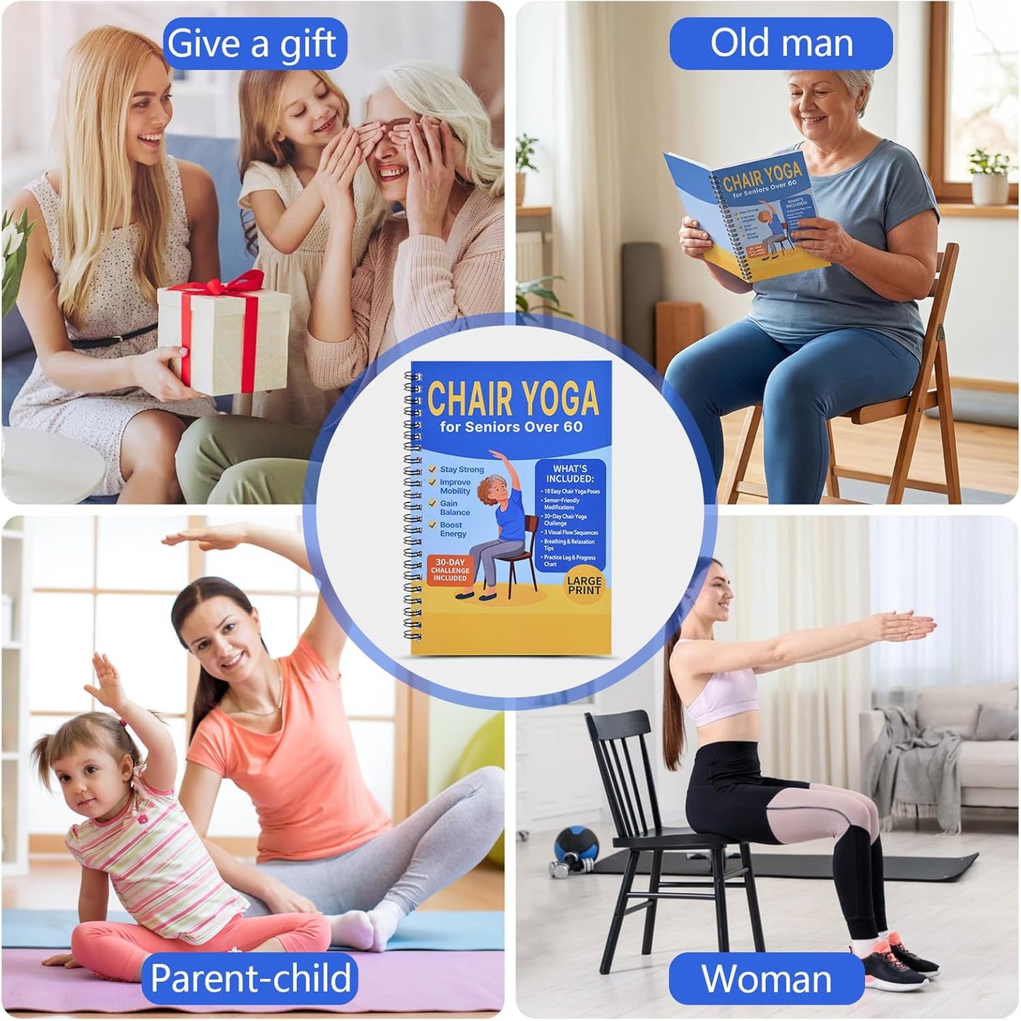 Chair Yoga for Seniors Over 60 Book & Chart – 30-Day Challenge, Gentle Seated Yoga Guide, Chair Yoga for Weight Loss & Flexibility, Senior Chair Exercises for Women & Men，Top Choice for Family Gifts (Purple)