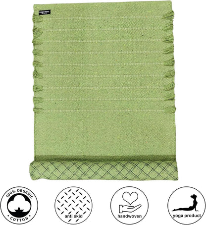 Indian Handmade100 % Organic Anti Skid Multi Colour Cotton Yoga Mat - Eco-Friendly Hand-Woven Rug - Non-Slip & Thick (24”x72”x5mm) for Hot yoga & Everyday Fitness at Home - Comfortable & Foldable Extra-Long Mat