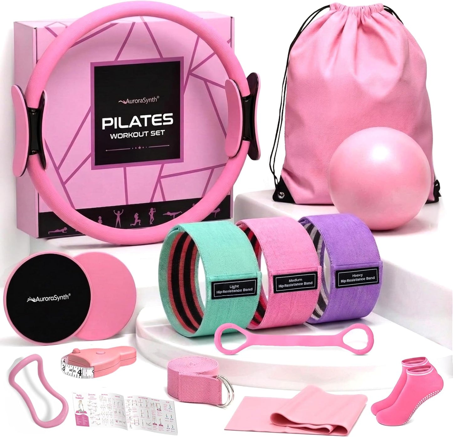 Pilates Equipment, Pilates Kit for Home Workouts, Pilates Ring and Ball Set for Women With 14.5" Pilates Ring, Ball, Resistance Bands, Sliders, Yoga Strap & Ring, Socks, Measure Tape, Stretch Band Bag