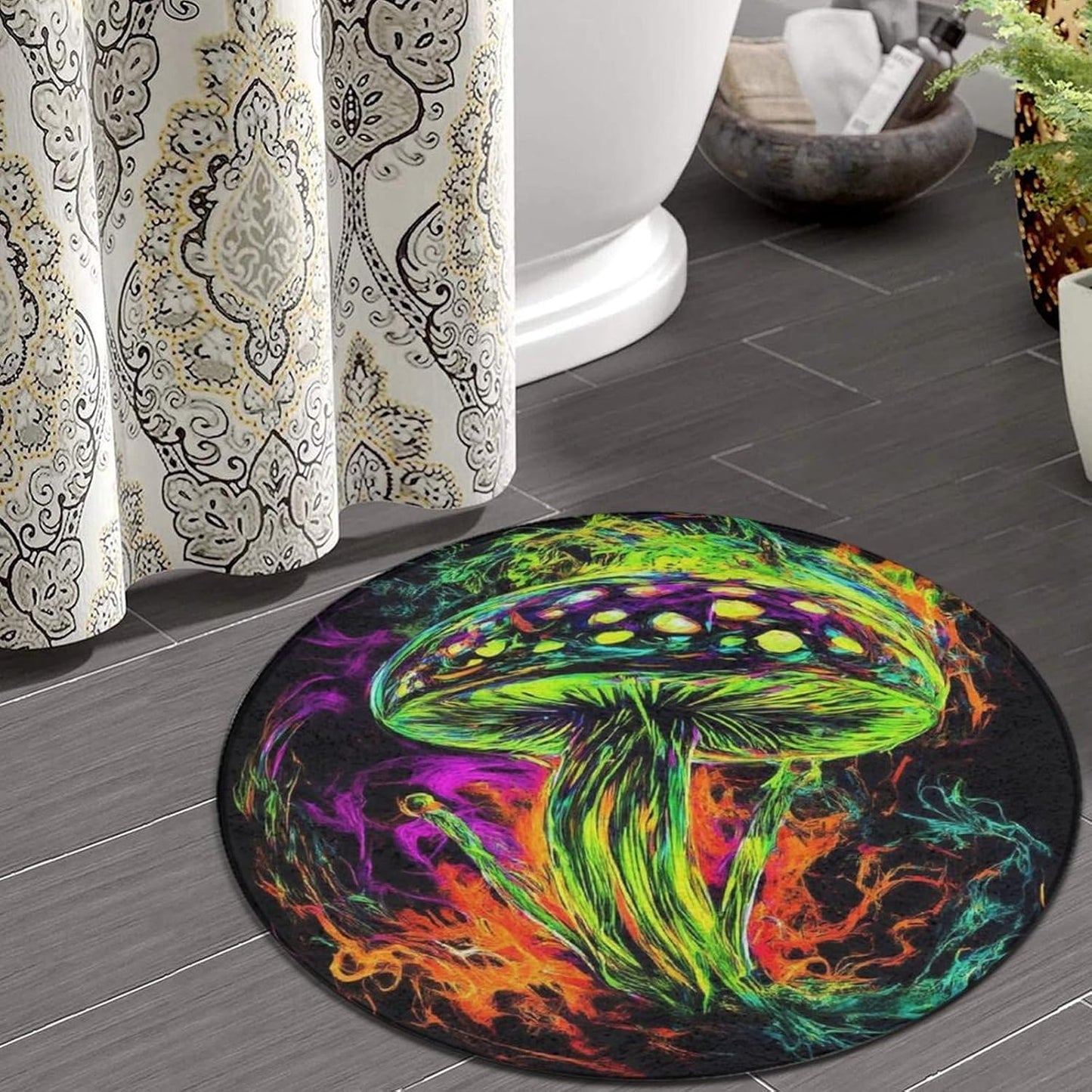 Machine Washable Modern Round Area Rug, Room Sofa Yoga Soft Round Carpet, Home Decor Non Slip Kitchen Office Circle Rug Trippy Rainbow Mushroom Tie Dye Art, 60inch