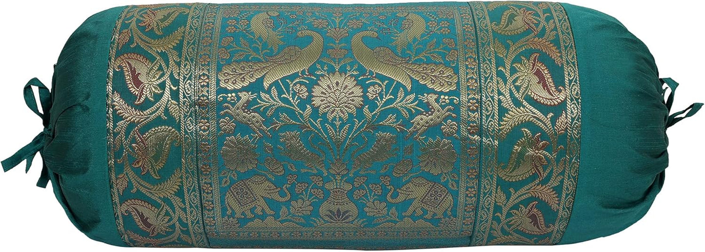 Ethnic Jacquard Brocade Silk Bolster Yoga Rectangle Pillow Cover Cylindrical Hotdog Dark Green Tube Living Room Decorative Elephant Traditional Throw Pillowcase 76x38 cm - Set of 2 Pcs