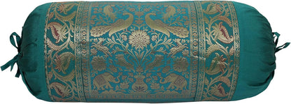 Ethnic Jacquard Brocade Silk Bolster Yoga Rectangle Pillow Cover Cylindrical Hotdog Dark Green Tube Living Room Decorative Elephant Traditional Throw Pillowcase 76x38 cm - Set of 2 Pcs