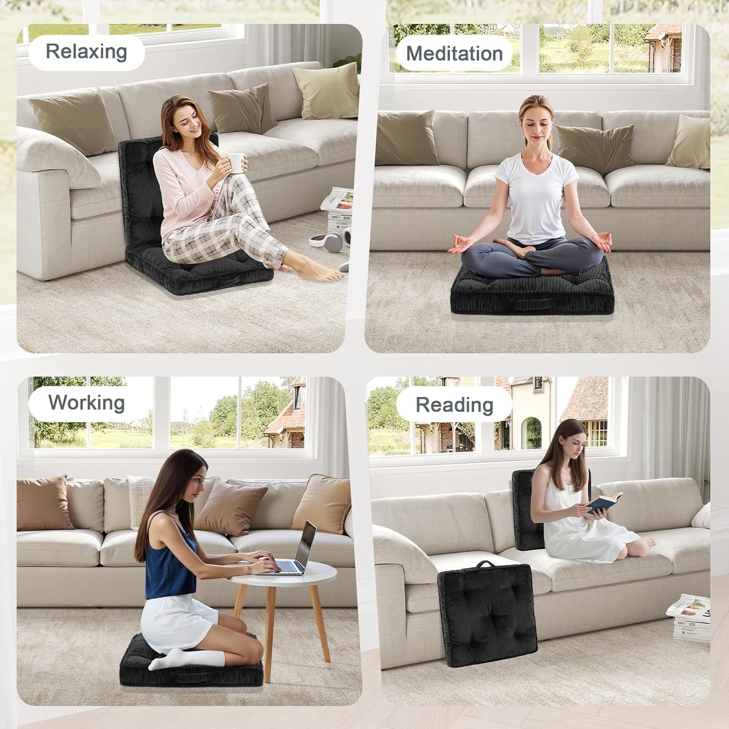 Meditation Floor Cushion, 22x22 Tufted Floor Pillow for Adults, Square Large Meditation Cushion Pillow, Green Corduroy Sitting with Handle, Yoga Seating for Tatami, 1Pack