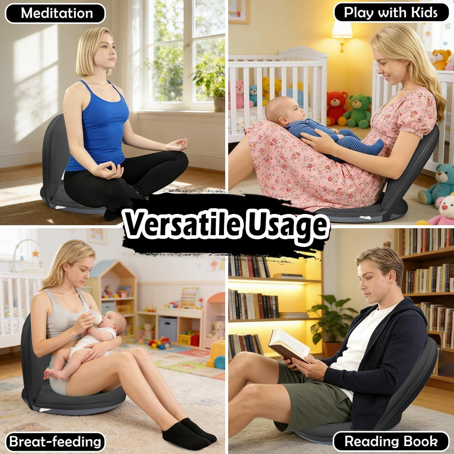 Floor Chair Floor Cushion Folding Padded Gaming Chair Adjustable 5-Position Floor Seat with Back Support for Kids Adult Great for Gaming Reading Meditating