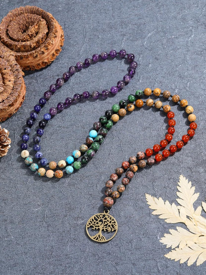 GEHECRST Natural 7 Chakra 108 Mala Prayer Beads Necklace with Reiki Healing Crystal Pointed Pendant 6mm Gemstones Beads Necklace Mens Womens Jewelry for Meditation, Protection