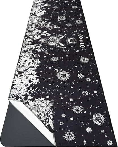 Yoga Mat Towel with Corner Pockets - Microfiber Yoga Towels for Hot Yoga Non Slip Moisture Wicking Sweat Absorbent, Tree of Life Yoga Towel Easy for Travel, Use in Hot Yoga,Bikram,Pilates and Fitness