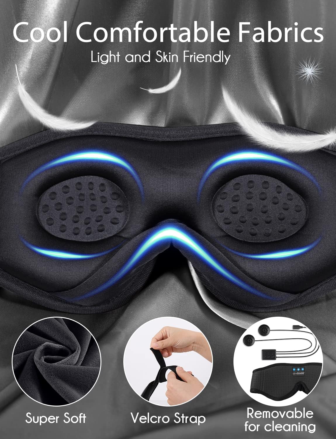 LC-dolida Sleep Headphones, 3D Sleep Mask Bluetooth Wireless Music Eye Mask, Sleeping Headphones for Side Sleepers Sleep Mask with Bluetooth Headphones Ultra-Thin Stereo Speakers Perfect for Sleeping