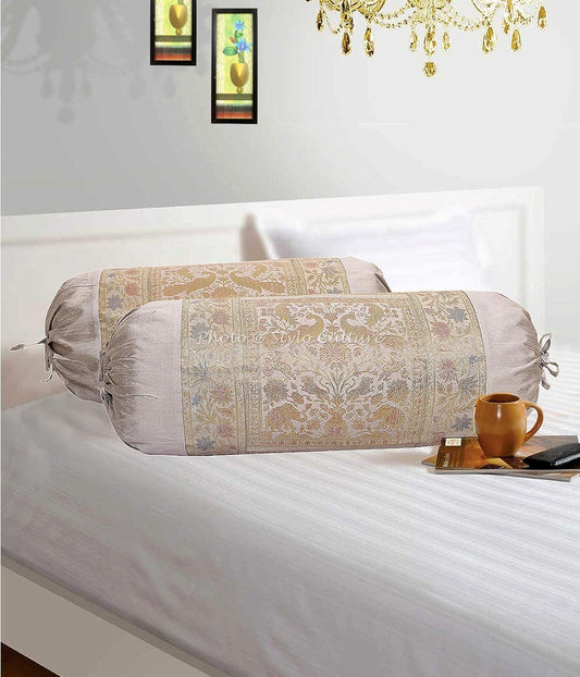 Traditional Polydupion Cylindrical Tube Pillow Bolster Pillow Covers Grey Jacquard Brocade Border Elephant Large Couch Round Cylinder Cushion Covers (Set of 2) | 30x15 Inches (76x38 cm)