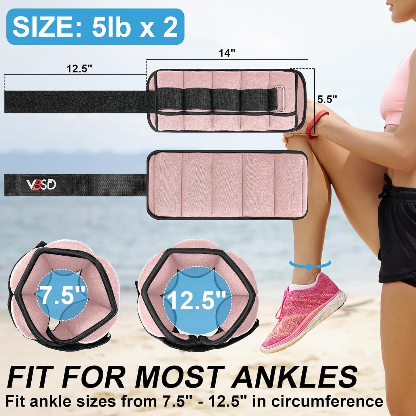 VBSD Adjustable Ankle Weights for Men Women, 2 4 6 8 10 lbs 1 Pair Leg Weight Straps, Weighted Ankle Weight Set with Removable Sandbags for Walking Running Yoga Physical Therapy Gym Home Workout