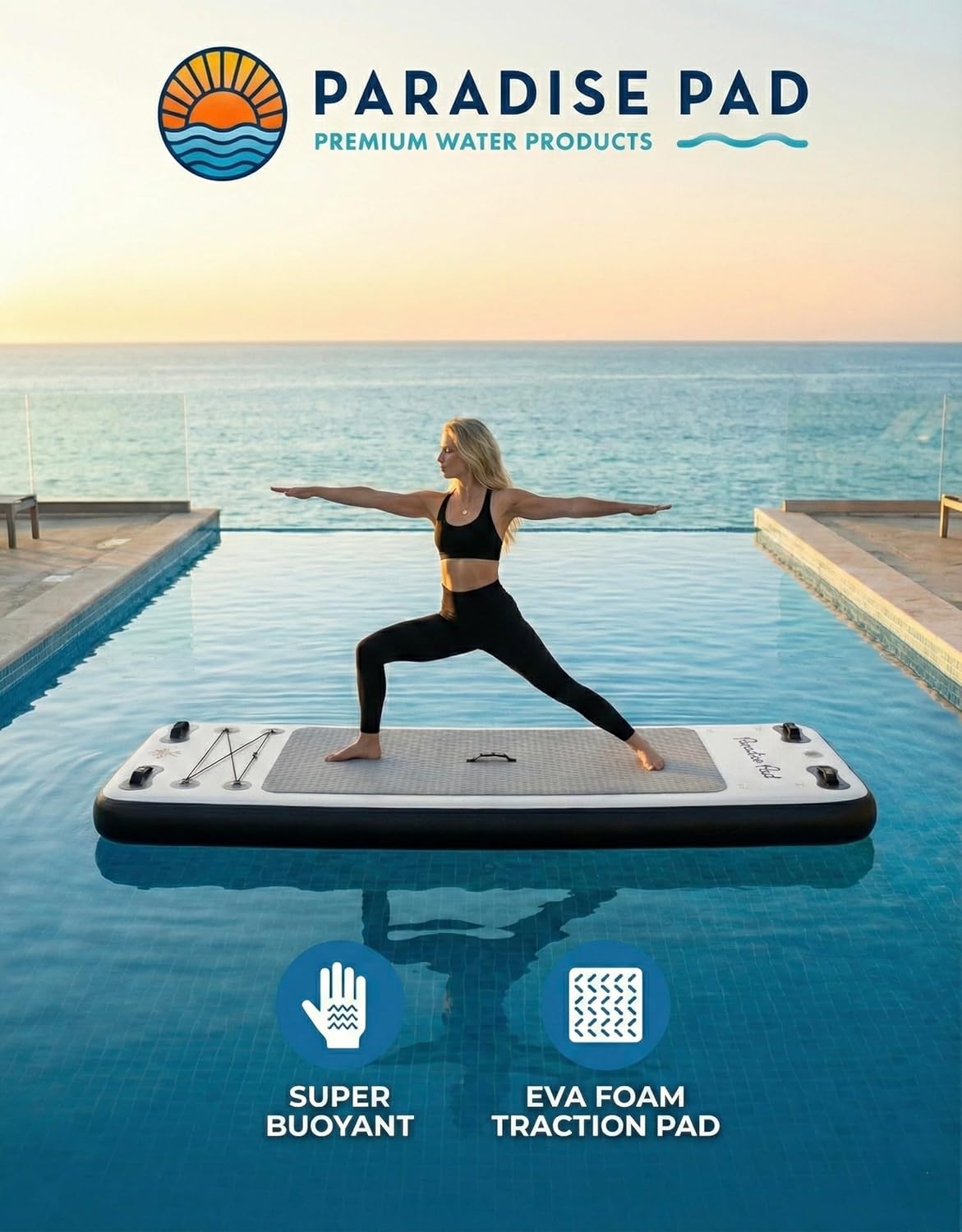 Inflatable Water Yoga Mat Board Floating Exercise Platform for Yoga and Pilates. Aquatic Fitness pad for Pools, Lakes. 96"x 35"x 6" includes storage bag, hand pump and repair kit. Paradise Pad