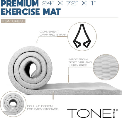 Tone Fitness 1-Inch Thick Yoga Mat | High-Density, Non-slip Exercise Mat with Carrying Strap for Yoga, Pilates, & Home Gym Workouts | Multiple Options