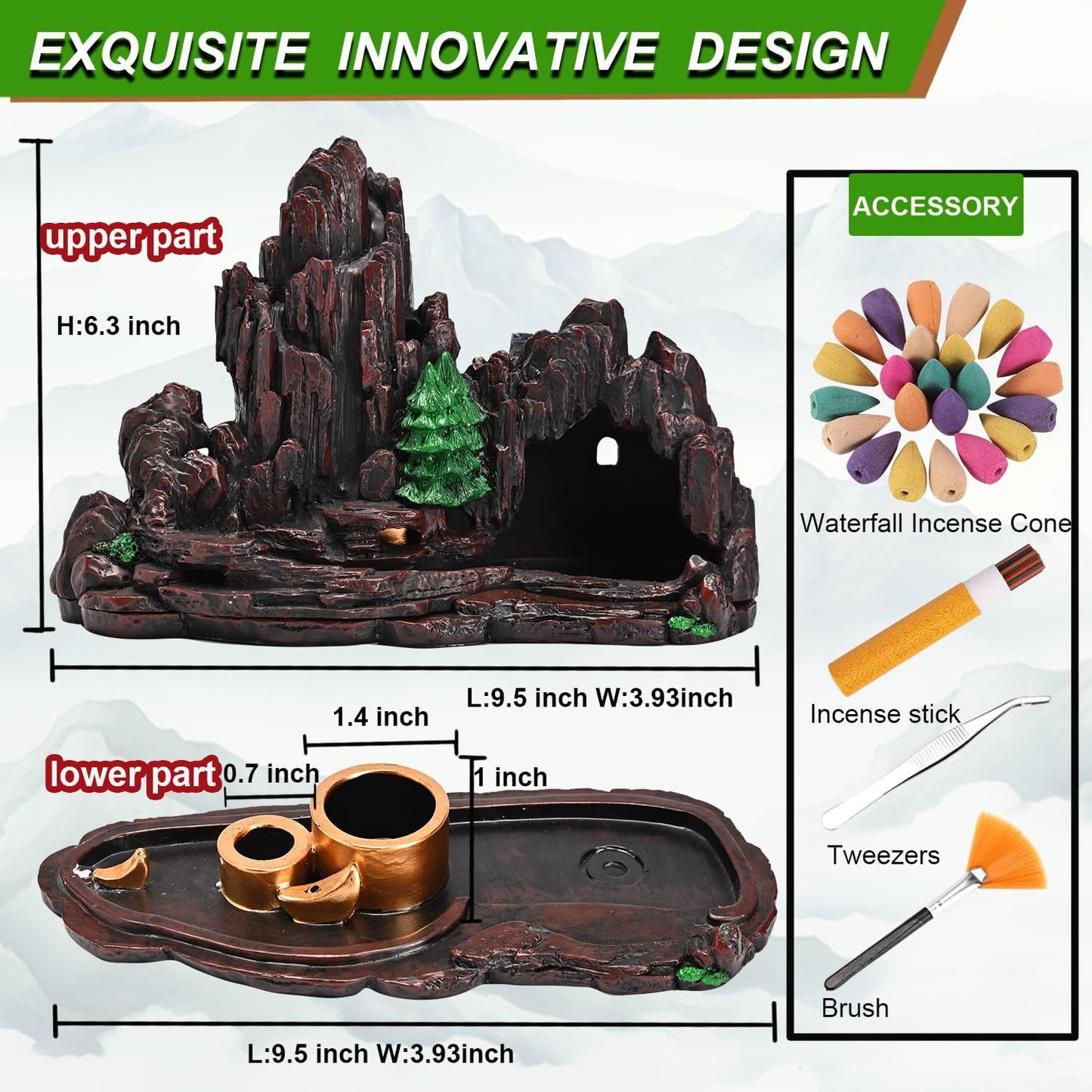 Mountain Waterfall Incense Burner，Backfall Incense Holder River, Incense Falls Meditation Decor for Room with Upgrade Incense Cones and Accessories (Mountain)