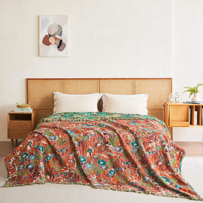 Boho Throw Blanket - 100% Cotton Soft Summer Throw Blanket for Bed, 50"x60" Reversible Breathable Lightweight Blankets, All Seasons Farmhouse Decor Floral Plant Butterfly Throw Quilt