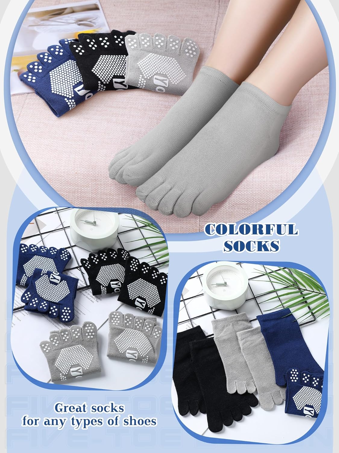 Fourluoo 6 Pairs Women Toe Socks Non Slip Yoga Socks with Grip Men Pilates Toe Socks for Dance Gym