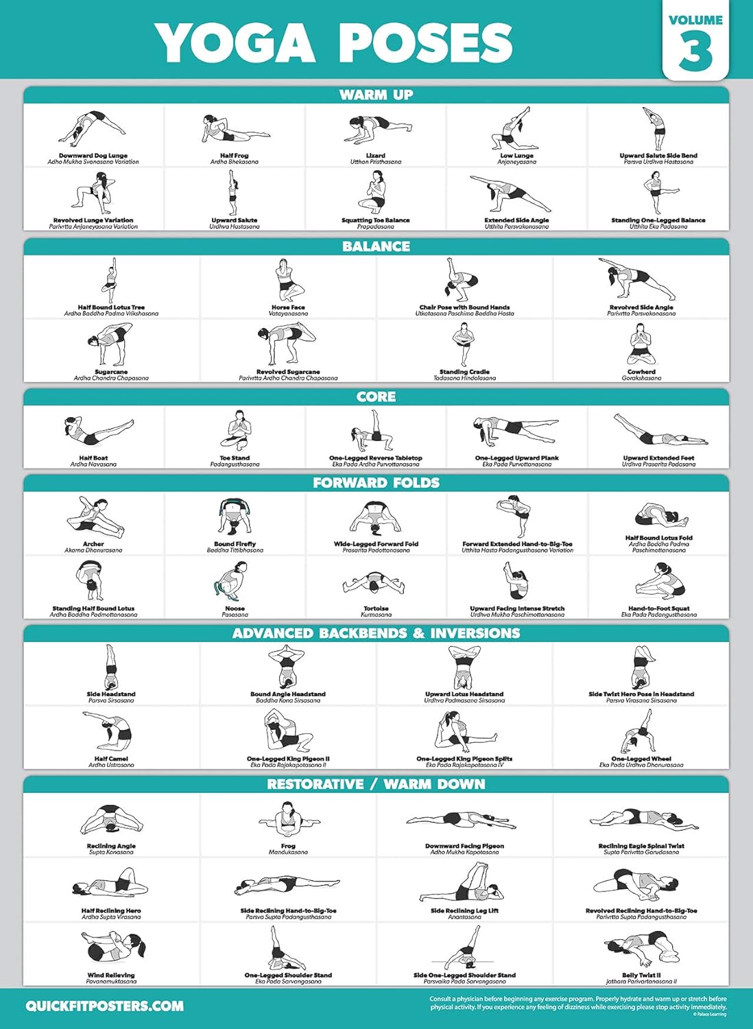 Palace Learning 4 Pack - Yoga Poses Poster Volume 1, 2 & 3 + Yoga Positions with Yoga Blocks - Beginner Yoga Position Exercise Charts - English and Sanskrit Names