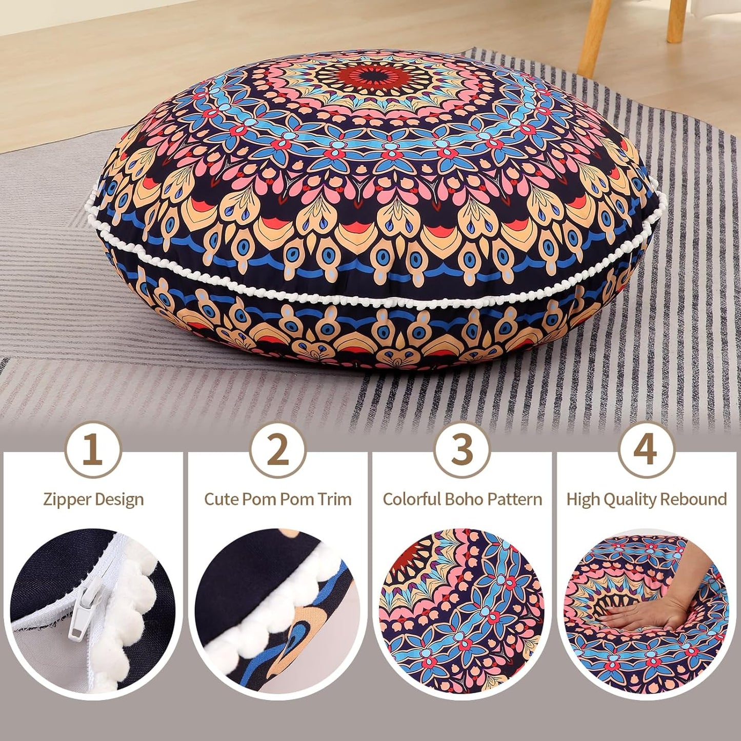 LOVMOC 32 Inch Round Floor Pillow for Adults, Large Thick Memory Foam Boho Mandala Meditation Floor Seating Cushion, Machine Washable for Living Room Outdoor Yoga Floor Sitting, Navy Blue