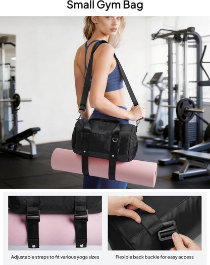 TOPEAST Small Gym Bag for Women, Mini Sports Yoga Bag Gym Tote Bag with Yoga Mat Holder, Small Sports Duffle Bag with Water Bottle Pocket & Wet Pocket for Travel Dance Workout, Black