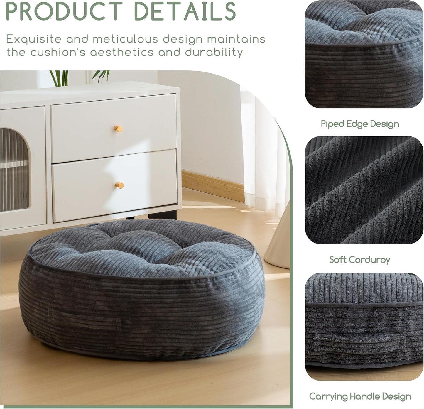 HIGOGOGO Floor Pillow Cushion for Adults, Meditation Cushion Pillow, Large Square Floor Sitting, Tufted Corduroy Cover, for Tatami Living Room or Yoga, 22x22 Inch, Dark Grey