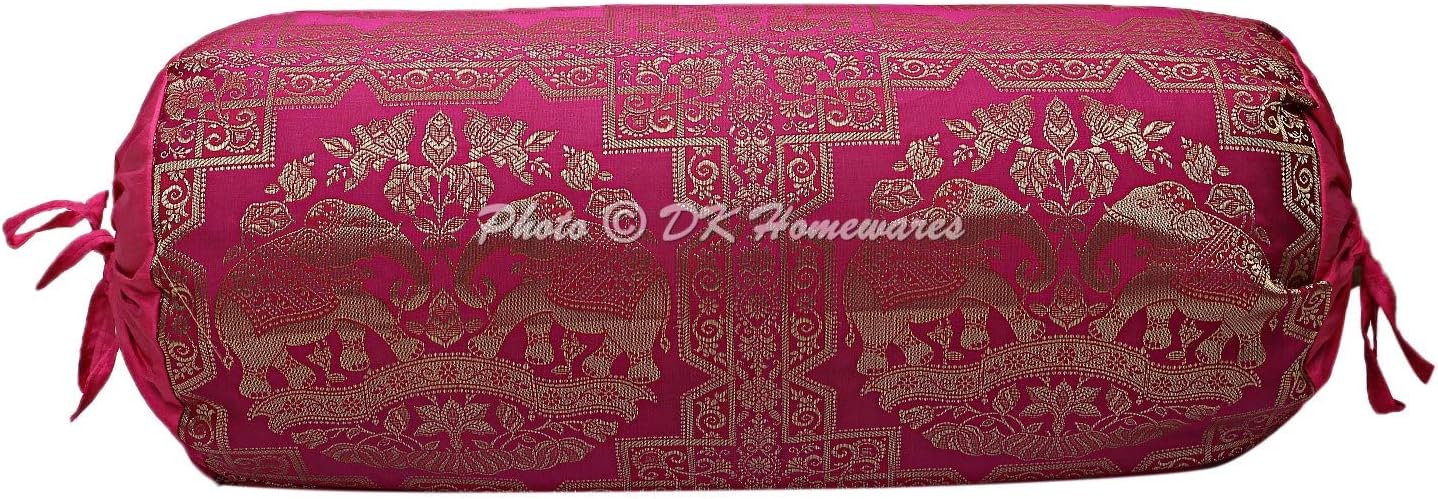 Indian Home Decor Living Room Bolster Yoga Pillow Cover Cylindrical Hotdog Pink Tubular Masand Jacquard Brocade Silk Elephant Traditional Throw Cushion Cover 76x38 cm - 1 Pc