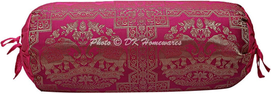 Indian Home Decor Living Room Bolster Yoga Pillow Cover Cylindrical Hotdog Pink Tubular Masand Jacquard Brocade Silk Elephant Traditional Throw Cushion Cover 76x38 cm - 1 Pc