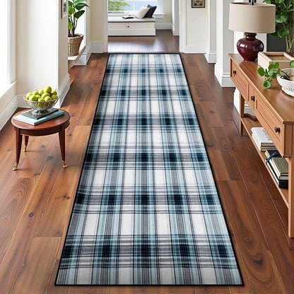 Runner Rug Washable 2x6 White Navy Blue Green Tartan Plaid Scottish Texture from Tartan Plaid Non-Slip Hallway Area Rug Indoor Outdoor Home Decor for Entryway Bathroom Kitchen Carpet Yoga Floor Mat