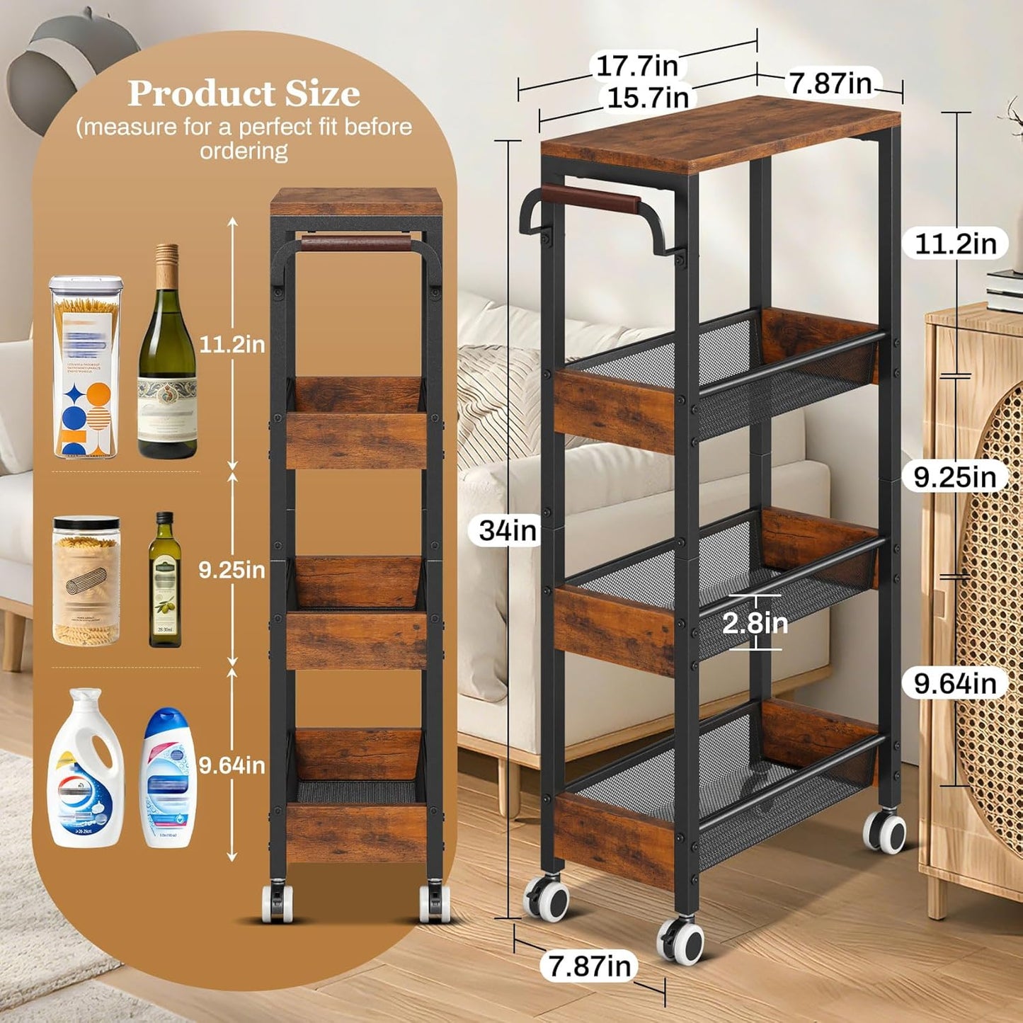 4 Tier Home Gym Storage Rack with Wheels, Yoga Mat Rack Small Dumbbell Weight Rack, Multi-Functional Wood Metal Gym Equipment Storage Rack Workout Cart for Women Kettlebell Fitness Organizer