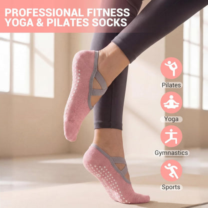 ihuan 6 Pairs Pilates Socks for women, Non-Slip Yoga Socks With Grip&Strap for Dance Barre Ballet Fitness Workout（5-9）