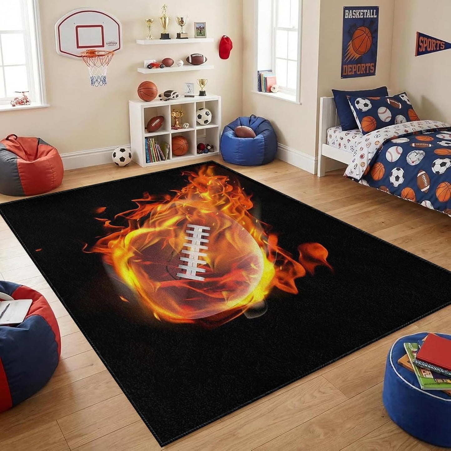 Sports Field Area Rug,5x7ft, Soccer Field Chalked Blackboard Football Stadium Board Painted Non-Slip Soft Carpet Floor Mat Indoor Living Room Bedroom Rugs Yoga Mat Home Decor