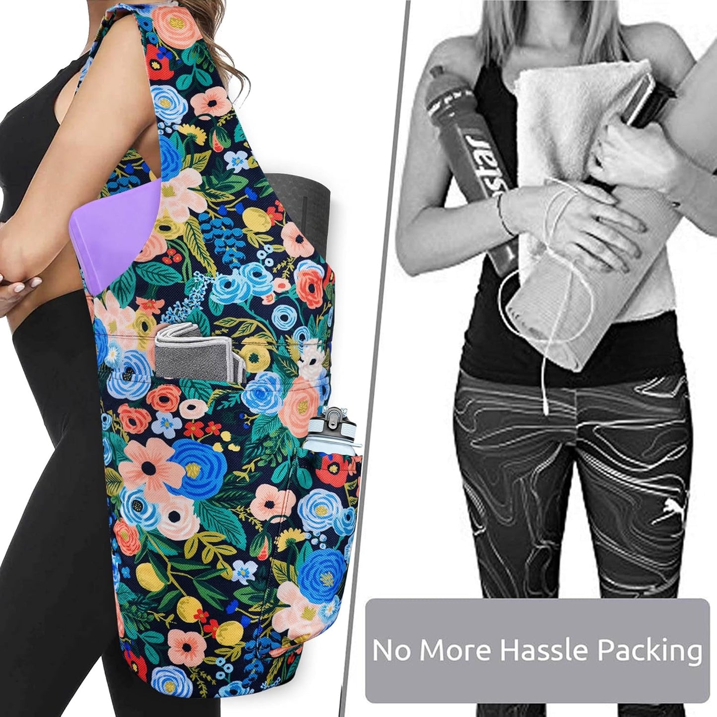 Yoga Mat Bag - Large Opening Long Tote Yoga Mat Carrier Holder Bag with Waterproof Wet Zipper Pocket and Drawstring Water Bottle Pocket - Yoga Bag Fit Most Size Mats