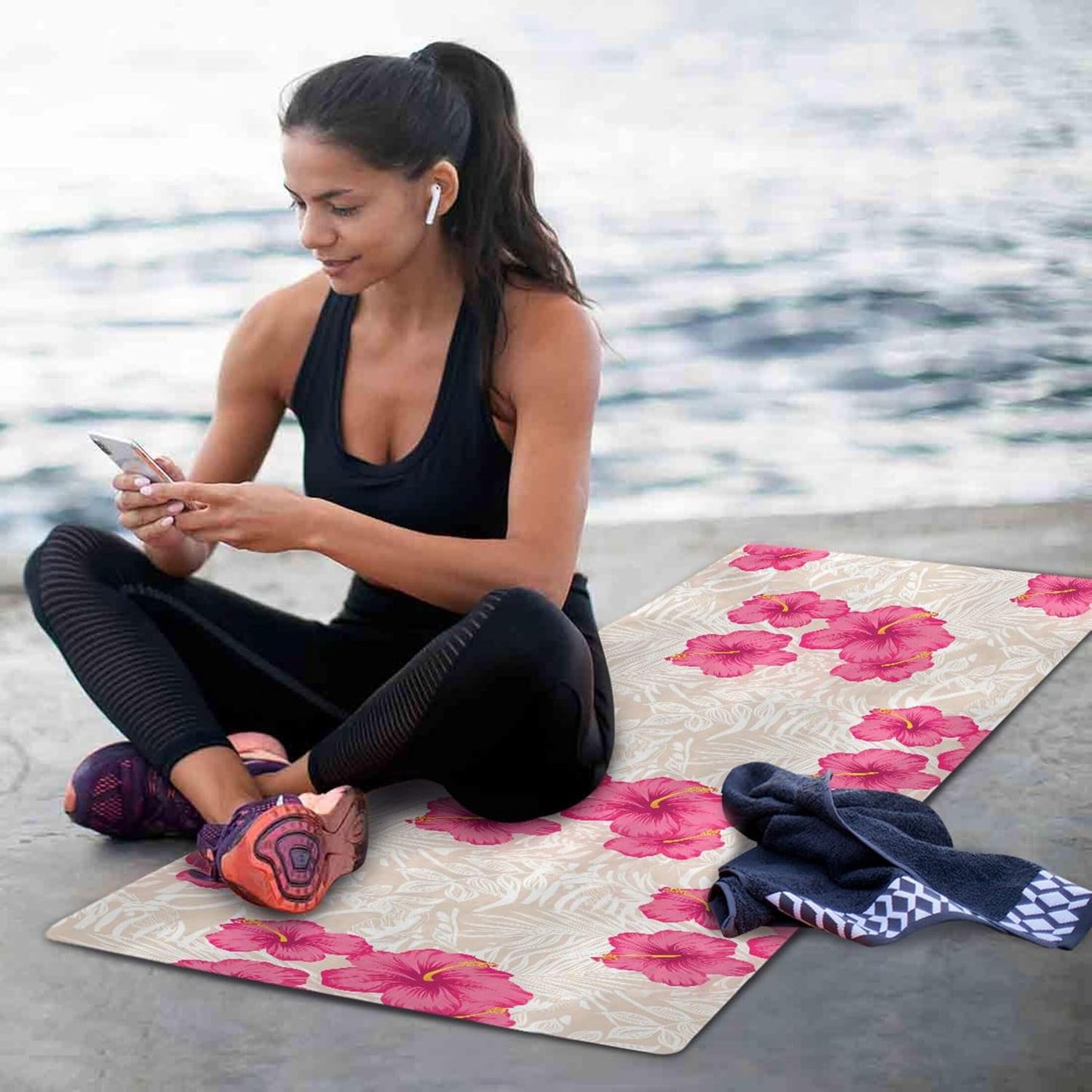 Tropical Pink Hibiscus Flowers Yoga Mat, Anti-Tear Non Slip Exercise & Workout Mat, 71” x 26” with Storage Bag for Home Yoga, Pilates, Fitness & Floor Workouts