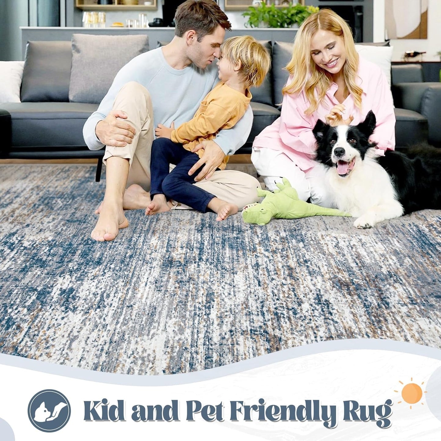 XLUEZ 8x10 Area Rugs for Living Room, Washable Modern Abstract Large Area Rug Neutral Soft Non Slip Kids Rug Stain Resistant Indoor Carpet for Bedroom Nursery Dining Children's Room(Blue, 8'x10')