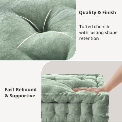 Intelligent Design Large Floor Pillow for Adults Yoga or Meditation Cushion with Handle, Floor Cushion for Board Games, Lustrous Chenille Tufted, Handsewn Scalloped Edge, Azza, 24" x 24" x 5" Yellow