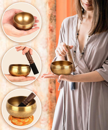 Relaehih Tibetan Singing Bowls Set-Hand-hammered in Nepal Sound Bowl for Meditation, Yoga, Chakra, Meditation Accessories, Stress Relief Tool and Unique Gifts for Women, Men (Yellow, 4 inch)