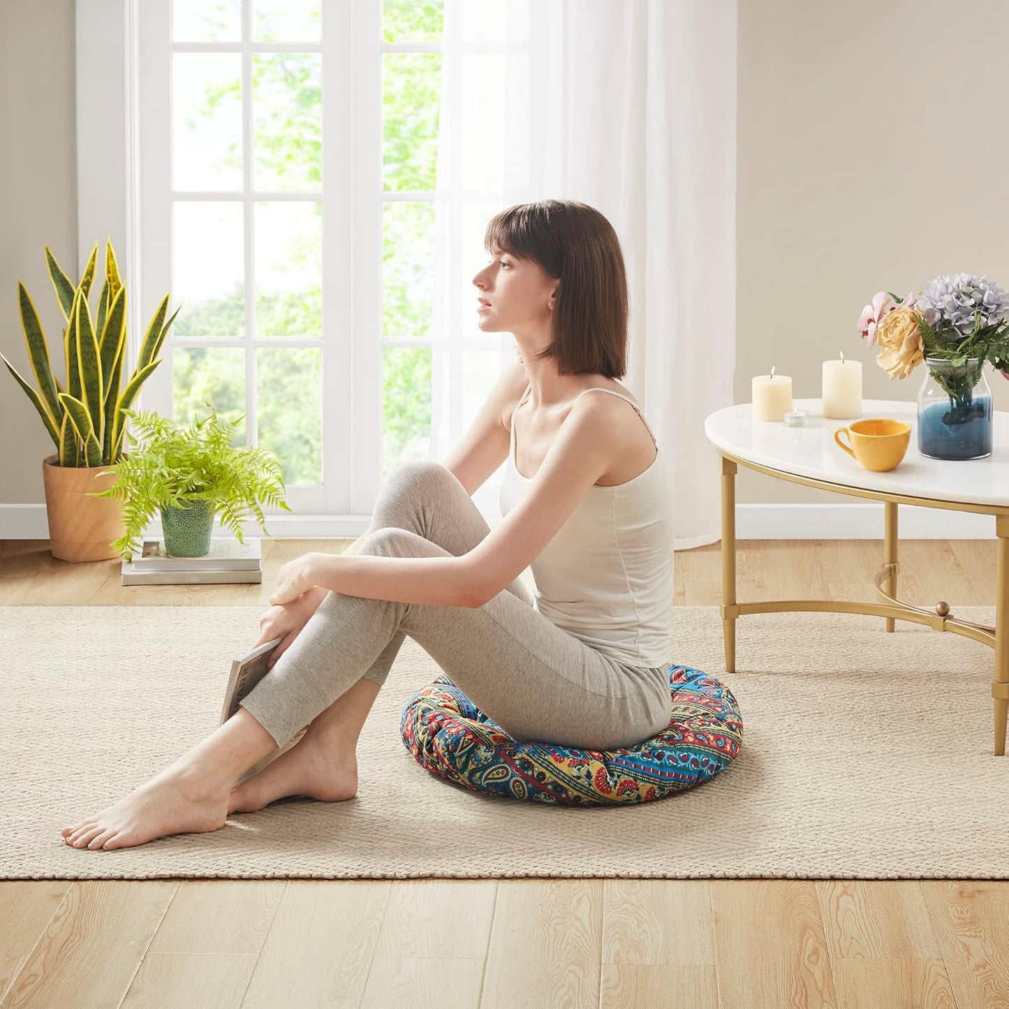 Codi Boho Floor Pillow, Large Meditation Cushion for Adults, Square Pillows Seating for Yoga Living Room Tatami Sitting Home Decor, Memory Foam Added, 22x22 Inch, Multi Patchwork