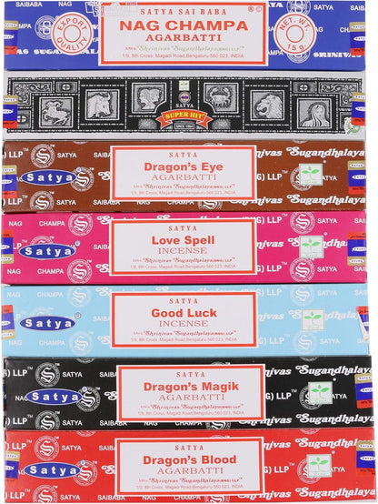 Satya Incense Gift Set Nag Champa, Super hit, Dragon's Blood, Sandalwood, Patchouli, Lavender, Positive Vibes, 15 g
