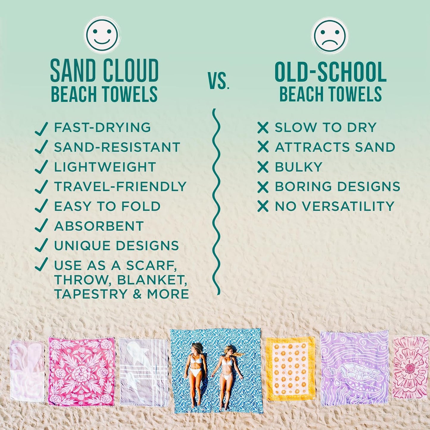 Sand Cloud Turkish Beach Towel - 100% Organic Cotton Turkish Bath Towels - Ultra Soft, Sand Resistant & Quick Dry Towel for Beach or Pool - As Seen on Shark Tank - Cali Dobby (4 Pack Assorted)