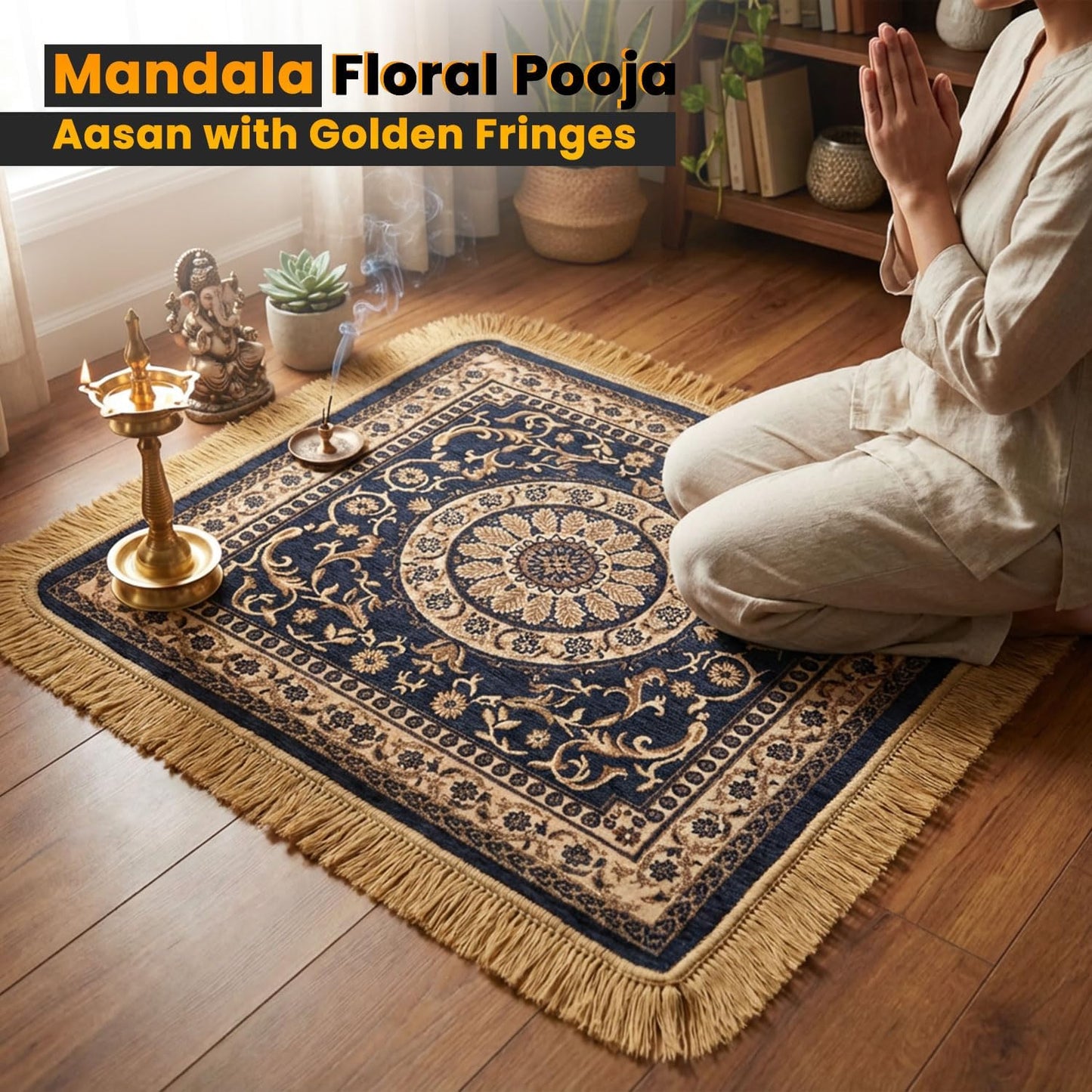 Soft Chenille Prayer Mat | Traditional Mandala Floral Pooja Aasan with Golden Fringes | Multipurpose Square Rug for Meditation, Yoga, Puja Room & Home (Red, 2x2 Feet)