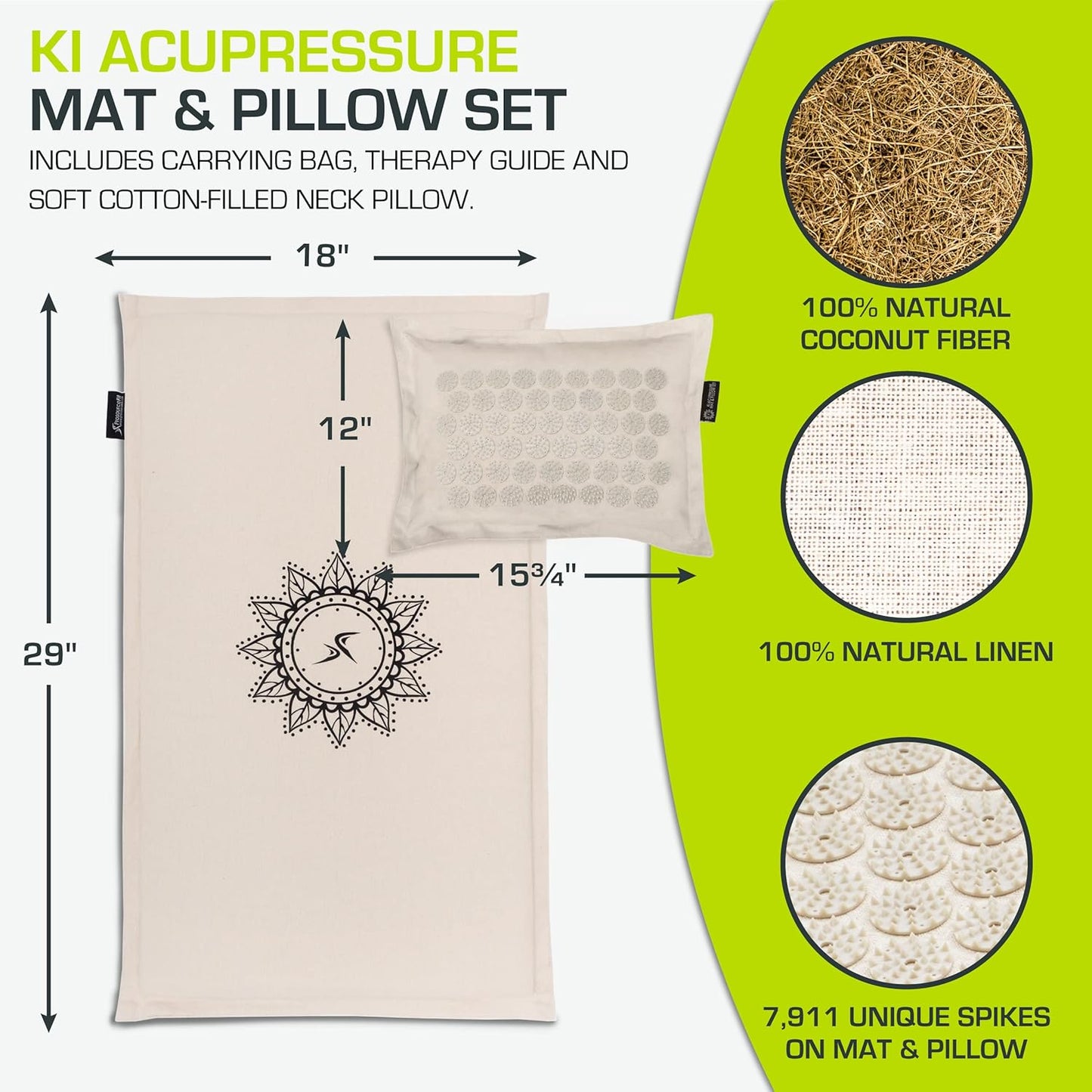 ProsourceFit Ki Acupressure Mat and Pillow Set with 100% Natural Linen for Back/Neck Pain Relief and Muscle Relaxation