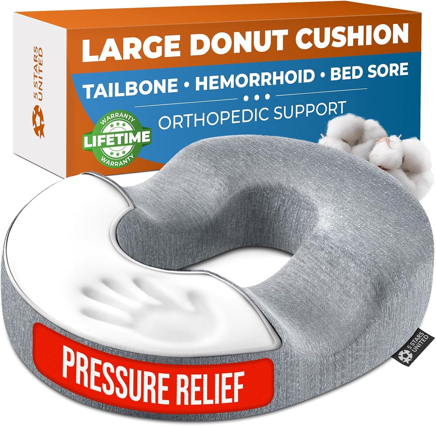 5 STARS UNITED Donut Pillow Hemorrhoid Tailbone Cushion – Large Floor Cushion for Pain Relief – Coccyx, Prostate, Sciatica, Pelvic Floor, Pressure Sores, Pregnancy, Postpartum Recovery, Black