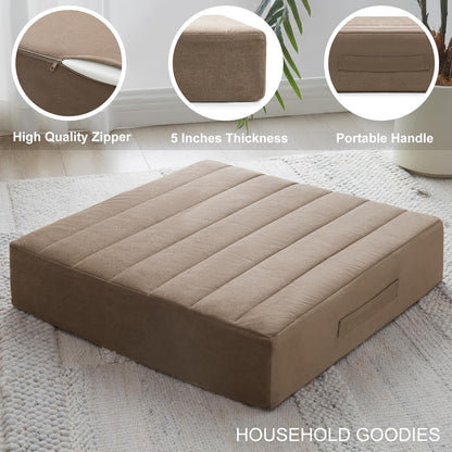 JKMAX 2 Pcs High Density Foam Floor Pillow - Upgraded Large Pillows Seating for Adults - Outdoor Floor Cushion with Soft Tufted Cover - Yoga Pillows for Sitting On Floor - 22 Inch Light Gray