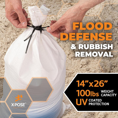 Xpose Safety Heavy Duty Sand Bags with Tie Strings – Empty Woven Polypropylene Sandbags for Hurricane Flood Protection, 100 lb Capacity, 14" x 26", Black, Pack of 10