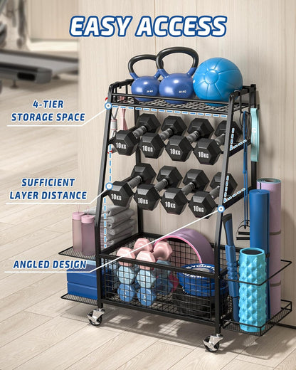 Weight Rack for Dumbbells - Home Gym Storage Rack - Dumbbell and Weight Organizer with 4 Flexible Wheels and Unique Storage on Both Sides